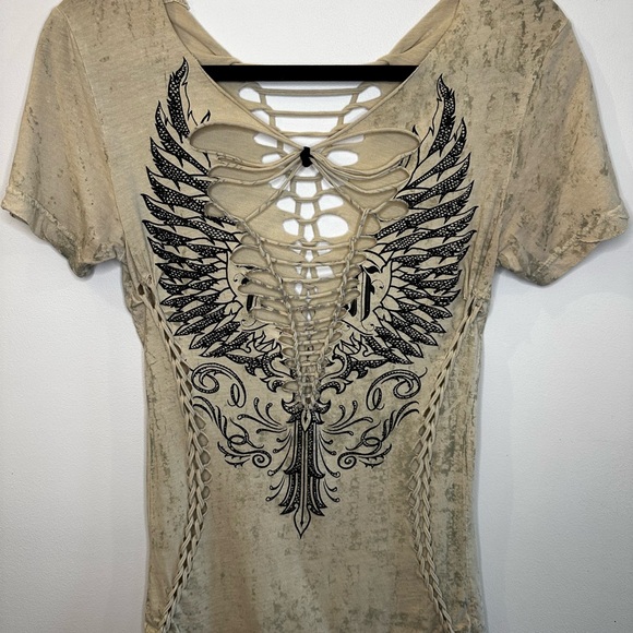 Affliction Tops - Affliction Beige Winged Graphic Lace-Up Tee